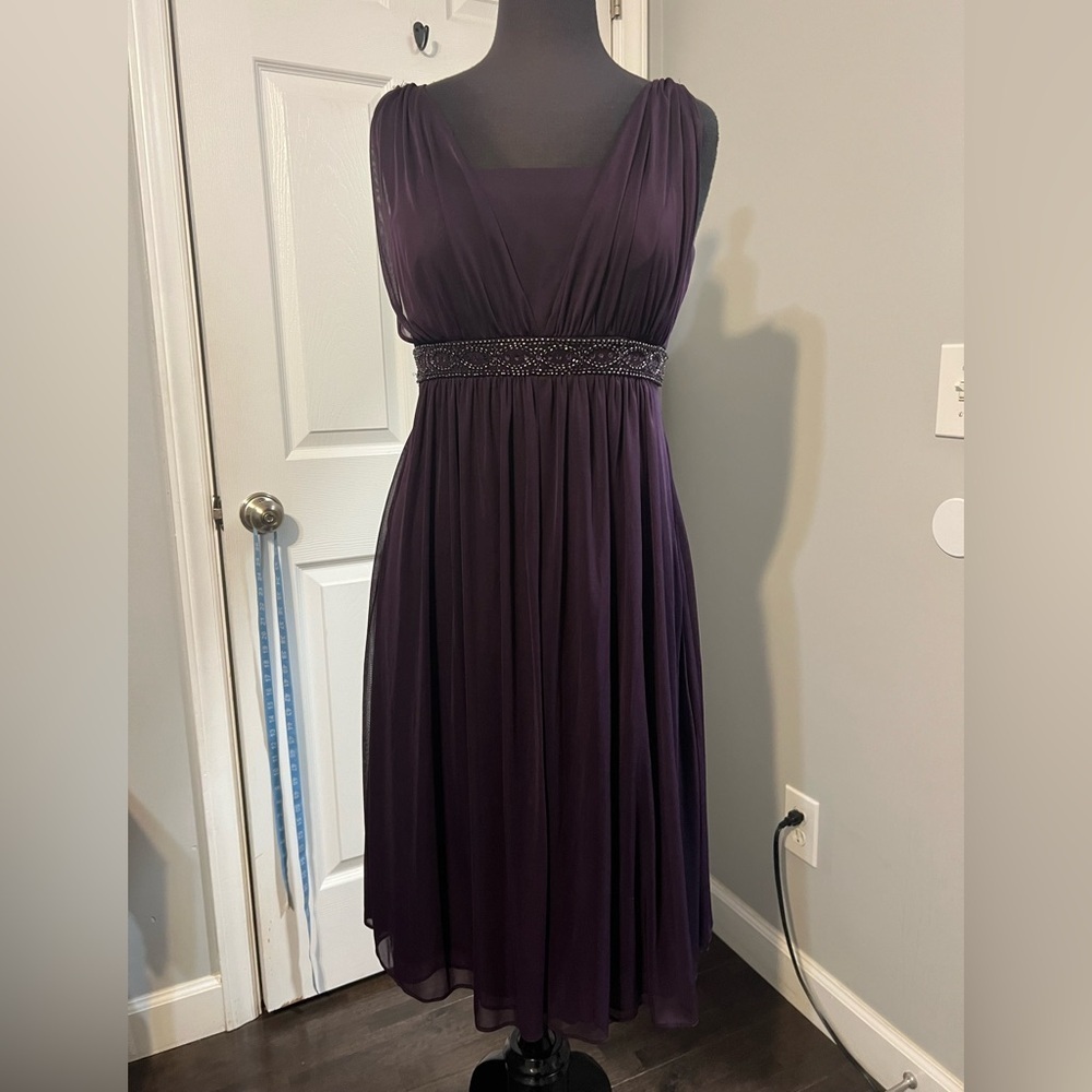 Jessica Howard eggplant purple cocktail dress with beaded waist.